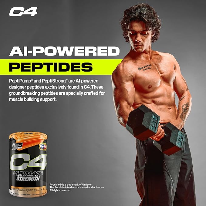 Cellucor C4 Ultimate Strength Pre Workout Powder - Tri-Stim Experience 300mg Caffeine+TeaCrine+Dynamine - Creatine & Beta-Alanine - Energy Supplement for Men & Women - Orange Popsicle, 20 Servings