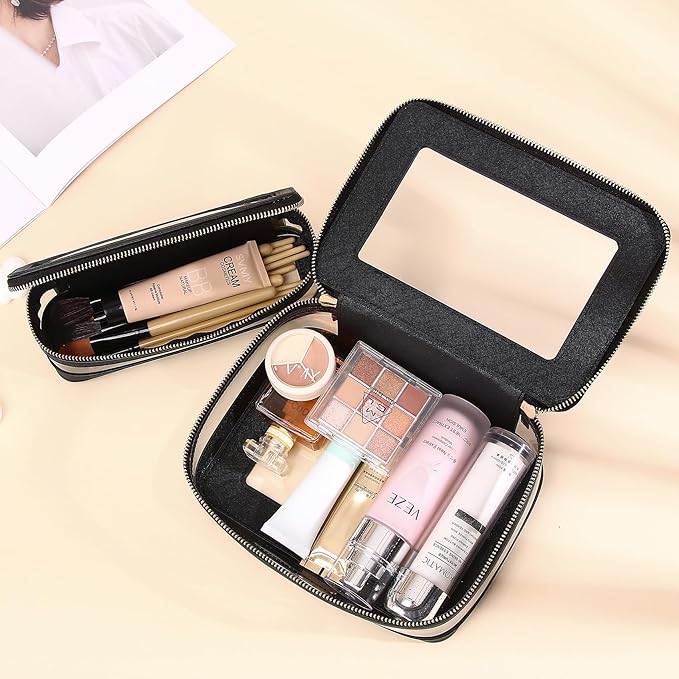 Travel Clear Makeup Bag with Brush Case TSA Approved Toiletry Bag Waterproof Cosmetic Organizer Car Essential for Women (Black, M+SLIM)