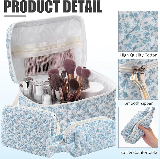Paterr 3 Pieces Cotton Quilted Makeup Bag Set Coquette Cosmetic Bag Aesthetic Travel Toiletry pouch Cute Pouch Kawaii Aesthetic for Women(Blue,Floral)