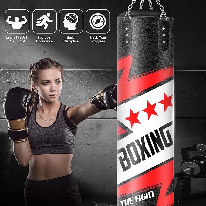 Hanging Punching Bag for Adults, 4ft PU Leather Heavy Boxing Bag Set, Hanging Bag Boxing Equipment for MMA Karate Kickboxing Boxing Home Gym, Unfilled