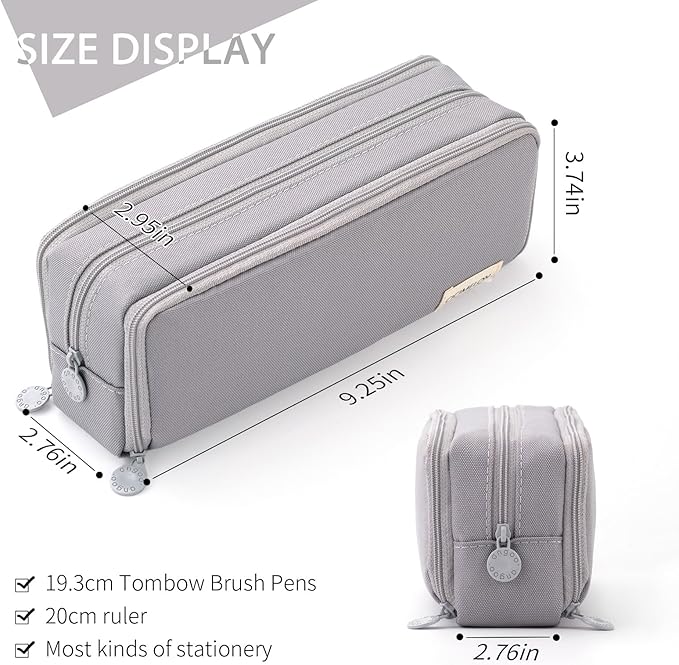 CICIMELON Large Capacity Pencil Case 3 Compartment Pouch Pen Bag for School Teen Girl Boy Men Women (Gray)