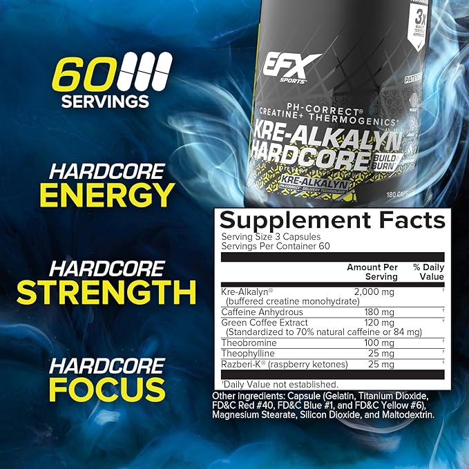 EFX Sports Kre-Alkalyn Hardcore | Thermogenic pH Correct Creatine Monohydrate Pill Supplement | Energy & Strength Pre Workout | 60 Servings, 180 Capsules
