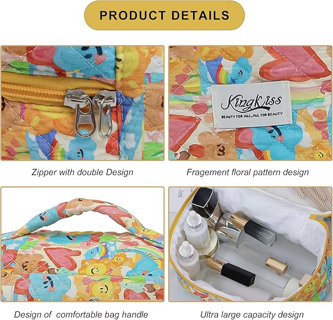 kingkiss Makeup Bag, Quilted Cosmetic Bag, Large Capacity Make Up Bag for Women, Cute Floral Storage Toiletry Bag Travel Storage Makeup Bag(Love Doodle)