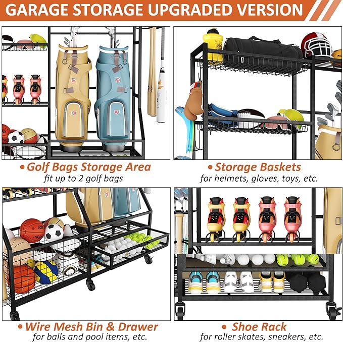 Gadroad Sports Equipment Organizer, Ball Rack, Gear & Ball Storage - Garage Organizer with Baskets, Hooks & Rolling Cart - Black