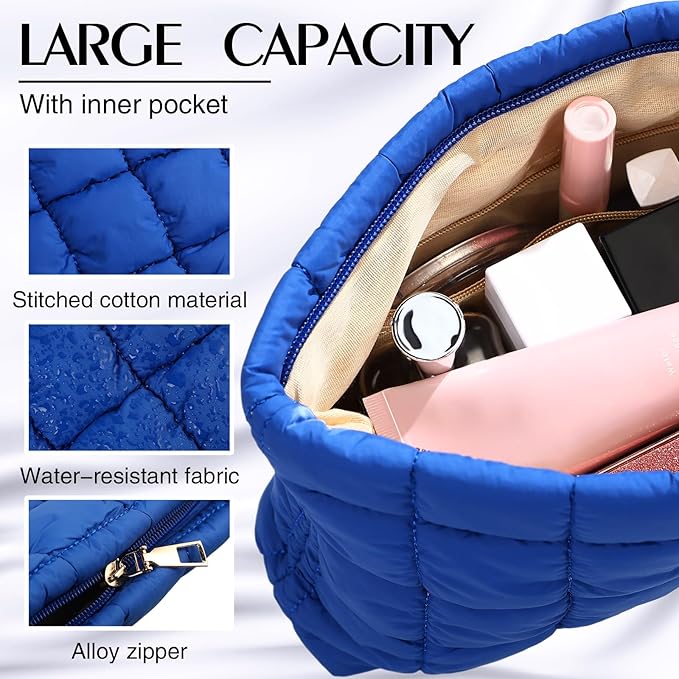 Hillban Puffy Quilted Makeup Bag Quilted Cosmetic Bag Cute Puffer Toiletry Checkered Pouch Aesthetic Travel Makeup Brushes Organizer(Blue,Classic)