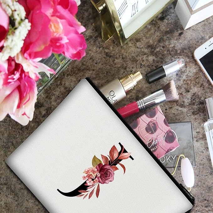 Vavabox A-Z Personalized Makeup Bag, Birthday Gifts for Women Mom, Gifts for Best Friend, Bride Bridesmaid Cosmetic bag (J, White)