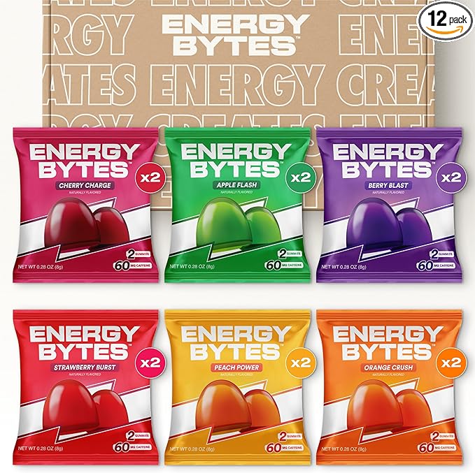 Energy Bytes Caffeine Gummies | Instant Energy Chews for Running, Cycling and Sports Performance | Vegan, Low Sugar | Variety Pack (12-Pack)