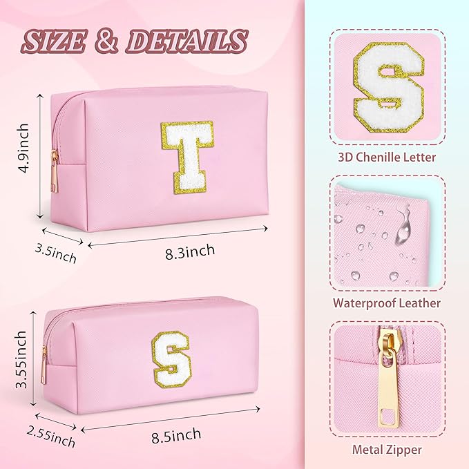 TOPEAST Makeup Bags for Women 2 Pack Personalized Initial Letter Makeup Bag Set, Monogram Cute Makeup Bag PU Leather Waterproof Travel Toiletry Bag Personalized Birthday Gifts For Women, Pink S
