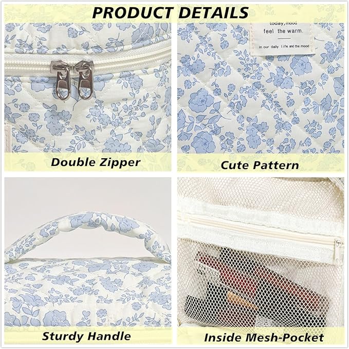 Makeup Bag, Quilted Makeup Bag Set of 3, Large Floral Make Up Bag for Women, Cotton Makeup Bag with Handle, Cosmetic Bag Organizer for Women Travel Set (Light Blue Flower)