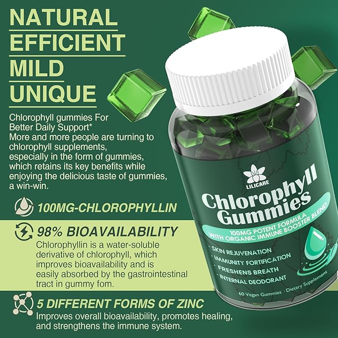 Sugar Free Chlorophyll Gummies - with Unfiltered ACV, Sea Moss & Elderberry, Echinacea, Vitamin D3, C, E, B12 - Natural Deodorant, Breathe Fresh, Immune & Digestion Support, Vegan Delicious Chews 60Ct