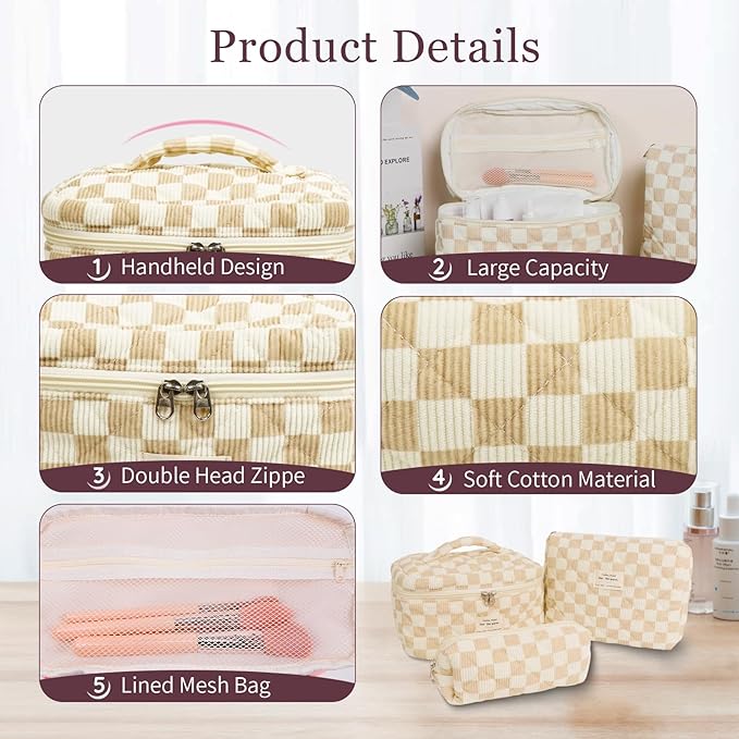 3Pcs Cotton Quilted Makeup Bag Set,Large Floral Cosmetic Bag,Aesthetic Toiletry Travel Makeup Bag Set and Cute Flower Bag for Women Girls (White Brown Plaid)