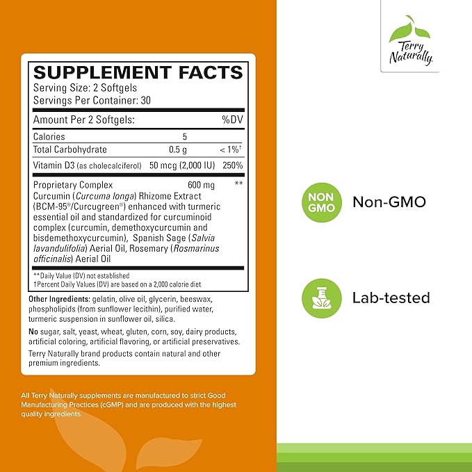 Terry Naturally CuraMed Brain - 60 Softgels, Pack of 2 - with BCM-95 Curcumin, Vitamin D3, Rosemary & Sage - Non-GMO, Gluten Free - 60 Total Servings
