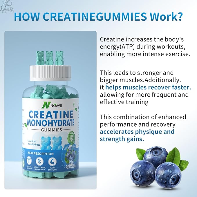 Creatine Monohydrate Gummies 5000mg for Men & Women, Chewables Creatine Monohydrate for Muscle Strength, Muscle Builder, Energy Boost, Pre-Workout Supplement-180 Blueberry Gummies