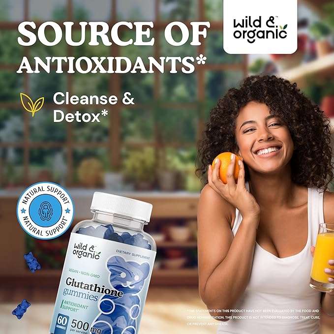 Wild & Organic L Glutathione Gummies - Reduced Glutathione 500mg for Antioxidant Support - Liver Cleanse Detox Supplement - 60 Vegan, Non-GMO, Pectin-Based Chews