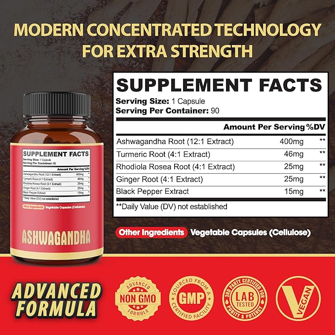 90 Capsules - Ashwagandha Supplement Capsules - Ginger Root, Turmeric, Rhodiola Rosea & Black Pepper