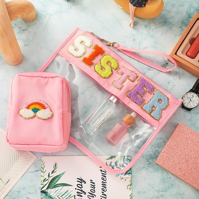 Hillban 2 Pcs Big Sister Gifts from Sister Chenille Letter Bags Preppy Makeup Cosmetic Bag Clear Toiletry Travel Pouch PVC Waterproof Purse Graduate Gift for Friends Women Birthday Souvenir