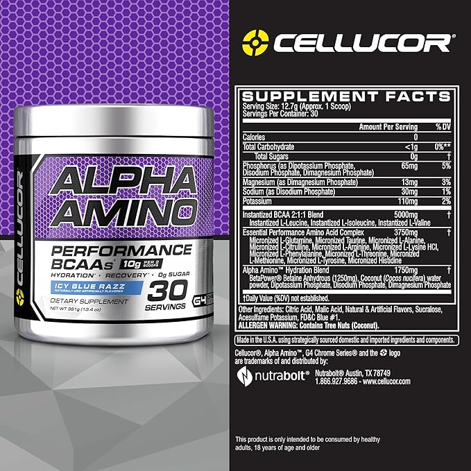 Cellucor Alpha Amino EAA & BCAA Powder | Branched Chain Essential Amino Acids + Electrolytes | ICY Blue Razz | 30 Servings