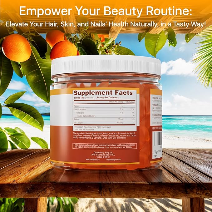 Sugar-Free Marine Collagen Gummies (90 Collagen Chews) Potent 500mg Collagen Gummy for Hair Growth, Healthier Skin & Nails, Pore Reducer & Elasticity Hydrolyzed, Gluten Free, Non-GMO, Orange Flavor