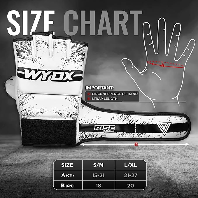 WYOX MMA Gloves for Men & Women β Grappling & Sparring Boxing Gloves with Open Palm Design, Padded Fingerless Training Gloves for Kickboxing, Muay Thai, Youth & Heavy Bag Workouts