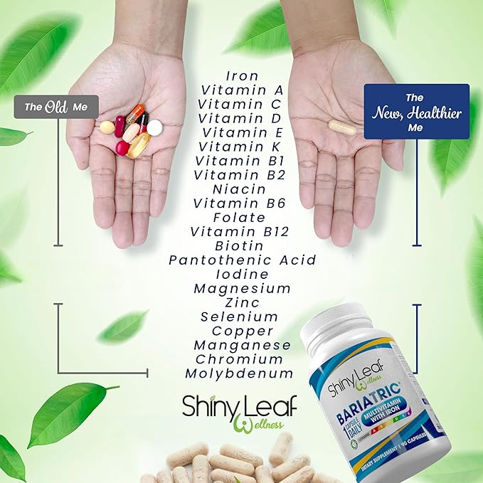 Shiny Leaf Bariatric Multivitamin with Iron - 45mg Iron, 360 Capsules, Post WLS Support, for Gastric Sleeve, Bypass and Mini Bypass, High Potency Daily Vitamins, for Women and Men,1 Year Supply