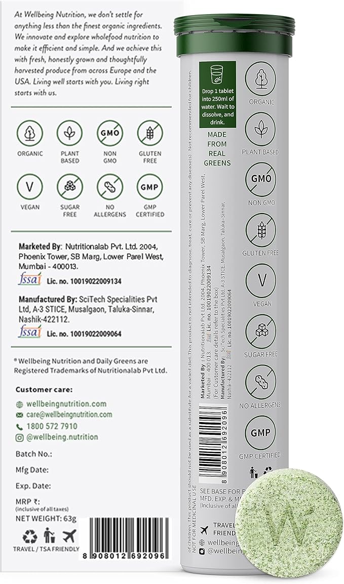 WELLBEING NUTRITION Daily Greens | Natural Lemon and Lime Flavour | 15 Tablets 63g (2.22Ounce)