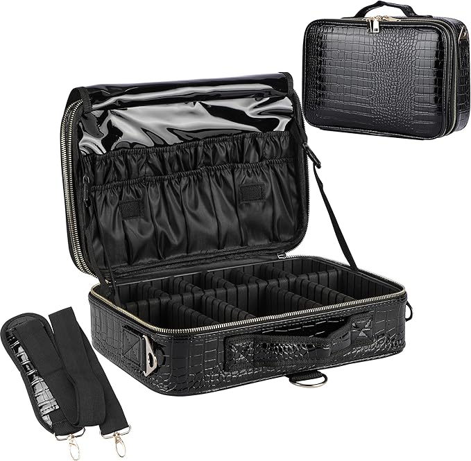 JOURMON Travel Makeup Case 3 Layers Makeup Train Case Crocodile Makeup Bag Organizer Portable Artist Storage Bag with Adjustable Dividers and Shoulder Strap