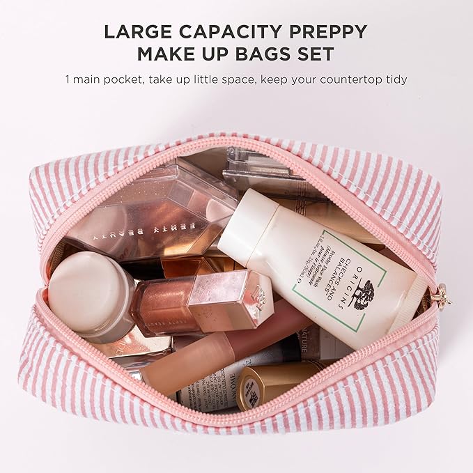 Pink Personalized Initial Makeup Bag Set, Cute Preppy Travel Toiletry Cosmetic Bags, Small Make Up Pouch, Birthday Gifts for Women, Girls, Friends, (F)