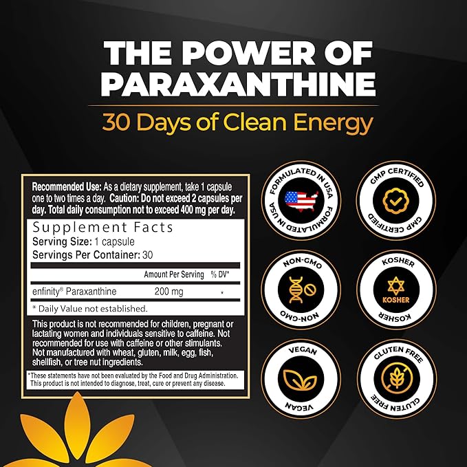 Enfinity Paraxanthine Capsules, Clean Energy & Focus, Caffeine Alternative | 200 mg per Capsule | 30 Capsules per Bottle | Formulated in USA, GMP Certified, Non-GMO, Kosher