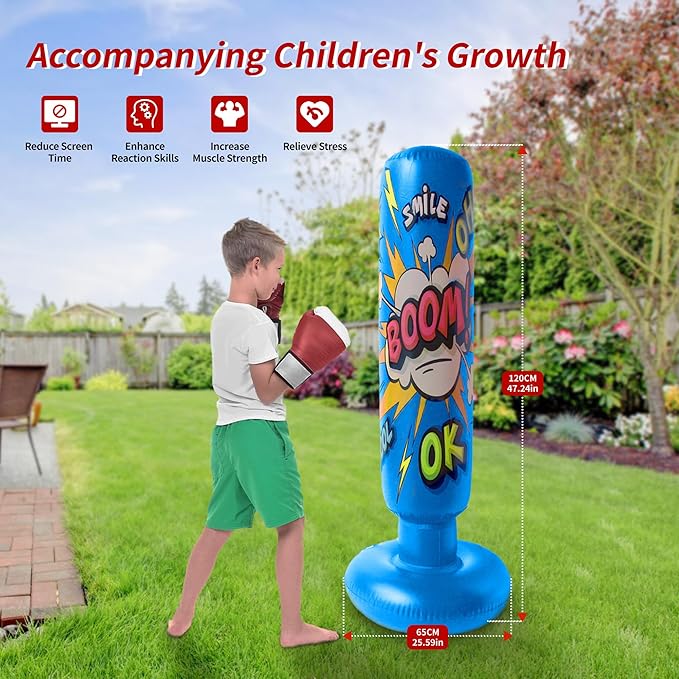 Baiao Punching Bag, Inflatable Kids Boxing Bag for Kids 3-12, Boxing Equipment for Child and Adults, Christmas, Birthday Gifts, Punching Bag Practice Karate, Taekwondo