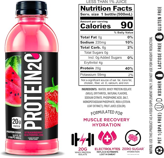 Protein2o 20g Whey Protein Isolate Infused Water Plus Electrolytes, Sugar Free Sports Drink, Ready To Drink, Gluten Free, Lactose Free, Strawberry Watermelon, 16.9 oz Bottle (12 Count)