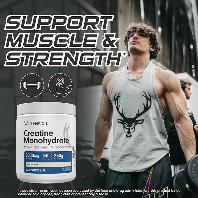 Bucked Up Creatine Monohydrate 250 Grams Micronized Powder, Essentials (50 Servings)