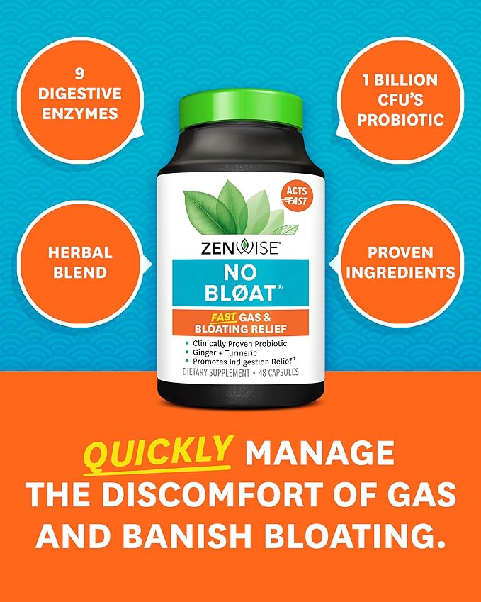 Zenwise Health NO Bloat Probiotics for Women and Men Digestive Health with Ginger, Dandelion, and Lactase, Digestive Enzymes for Gas and Bloating Relief - Vegan Water Retention Pills - 48 CT