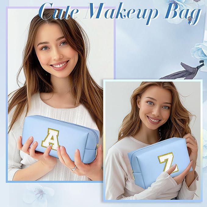 TOPEAST Personalized Gifts Make Up Bag, 2 PCS Monogram Cute Initial Makeup Bag PU Leather Chenille Letters Waterproof Travel Toiletry Bag Personalized Birthday Gifts For Women, Blue A