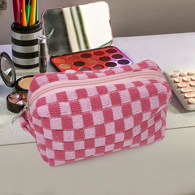 Small Cute Checkered Makeup Bag - Portable Cosmetic Pouch with Zipper, Travel Toiletry Bag, Purse Organizer, Beauty Storage, Pink