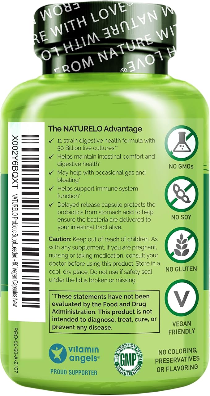 NATURELO Probiotics for Digestive Health - 50 Billion CFU, 11 Strains, Daily Use Supplement - Boosts Immune System, Delayed Release, No-Fridge, 60 Vegetarian Capsules (2 Pack)