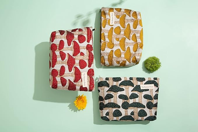 The Summer Swan | Floral Cosmetic Bag|Large Aesthetic Travel Makeup and Personal Item Pouch For Purse | Skincare Bag (Mushroom Yellow)