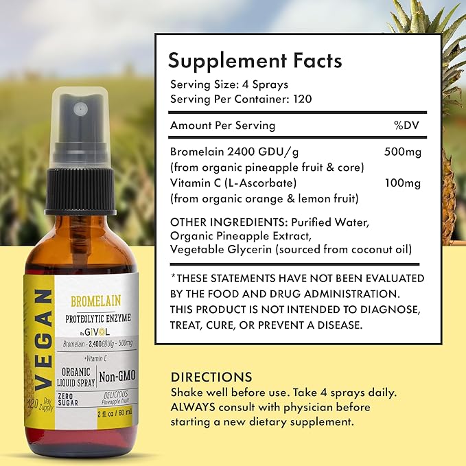 Organic Raw Bromelain Mist-Liquid Pineapple Extract - Enhanced Potency 500mg, for Kids & Adults - for Digestive Health, Inflammatory Response, and Healing - Non-GMO - 60ml 120 Day Supply