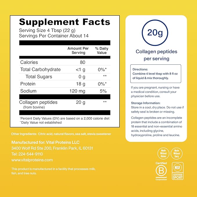 Vital Proteins Grass Fed Collagen Peptides Powder, Helps Support Healthy Hair, Skin, Nails, Bones and Joints - Hydrolyzed Collagen - Lemon 11oz
