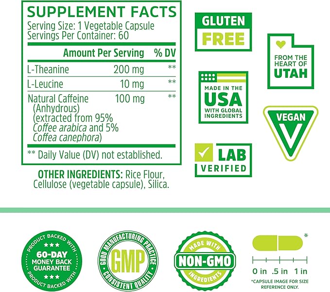 Zhou Natural Caffeine Pills 100mg with L-Theanine 200mg, Nootropic Supplement, Clean Energy, Endurance and MentalFocus, Non-GMO, Vegan, Gluten-Free, 60 Capsules