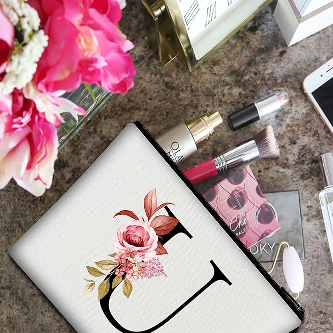 Vavabox A-Z Personalized Makeup Bag, Birthday Gifts for Women Mom, Gifts for Best Friend, Bride Bridesmaid Cosmetic bag (U, White)