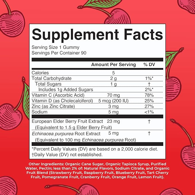 Mary Ruth's 5-1 Immunity Gummies with Elderberry for Kids & Adults | Cherry | Pectin Based | Vegan | 90 Count