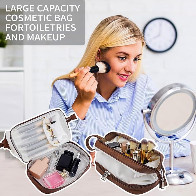 Stylish Makeup Bag Organizer Travel Case for Women Cosmetic Bag for Toiletries and Makeup Waterproof Leather Cosmetic Bag Perfect Fit Home or on the Go (C-White/Brown)