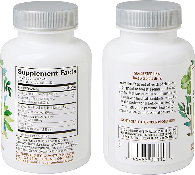 Quantum Health Super Lysine+ / Advanced Formula Lysine+ Immune Support with Vitamin C, Echinacea, Licorice, Propolis, Odorless Garlic (90 Tablets)