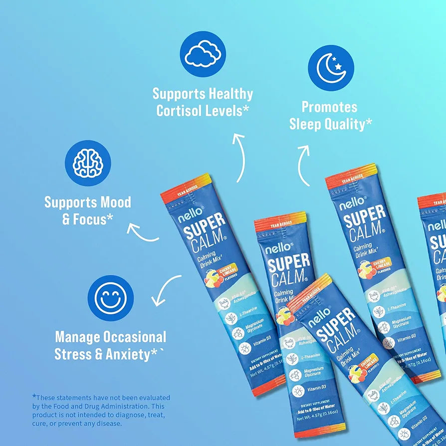 Supercalm Drink Mix - Ashwagandha KSM 66, Magnesium Glycinate & L-Theanine Supplement - Ashwagandha Root Extract - Focus and Relaxation Support (20 Travel Packets) - Cherry Limeade