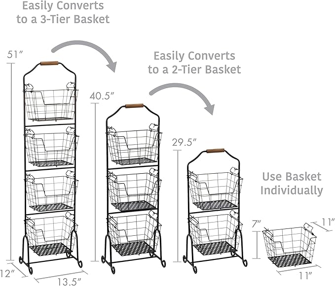 Gourmet Basics by Mikasa Ferme 4-Tier Metal Floor Standing Fruit/Home Storage Market Basket, Antique Black