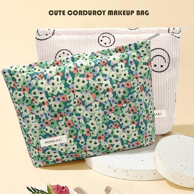 Corduroy Makeup Bag Cosmestic Bag Large Capacity Ladies Women Aesthetic Make Up Organizer Accessories Zipper Pouch Purse Green Flower+Beige