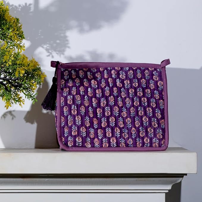 Quilted Makeup Bag- Large Capacity Cosmetic Bags for Women - Water Resistance Lining Portable Pouch & Open Toiletry Bag - Perfect Girls Makeup Organizer for Travel Essentials (Purple & Orange Floral)