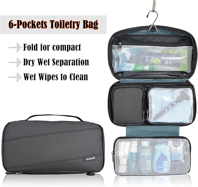 WELKINLAND 6-Pockets Toiletry bag, Shaving bag, Shower bags men, Mens bathroom bag, Hygiene bag men, Mens overnight bag toiletries, Mens toiletry bags traveling, Hanging toiletry bag men, Black