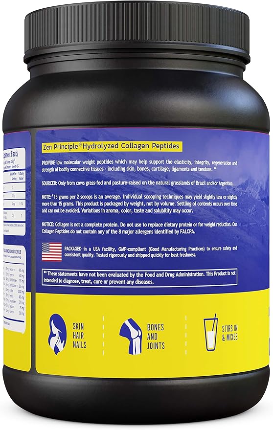 Zen Principle Grass-Fed Collagen Peptides 1.5 lb. Anti-Aging Hydrolyzed Protein Powder for Healthy Hair, Skin, Joints & Nails. Paleo and Keto Friendly, GMO and Gluten Free, Pasture-Raised Bovine.