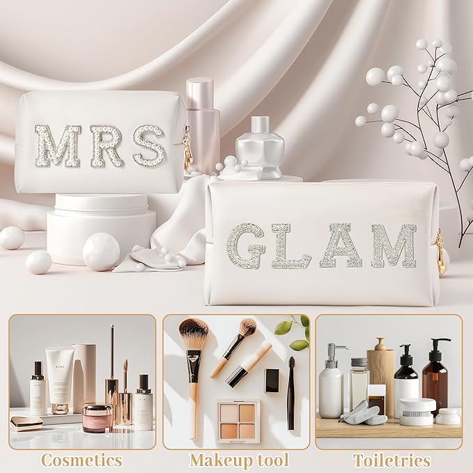CY2SIDE Mrs Letter Makeup Bag - 2PCS White GLAM and MRS Pearl Rhinestone Letter Patch Cosmetic Bag PU Leather Patch Pouch Waterproof Portable Zipper Travel Organizer for Wedding Bride Christmas Gifts